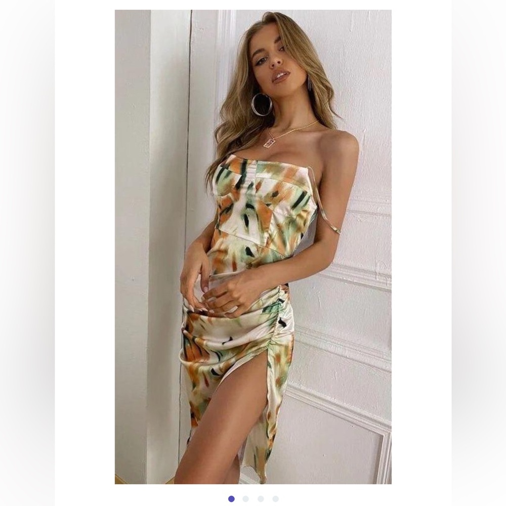 Tie dye split thigh satin dress